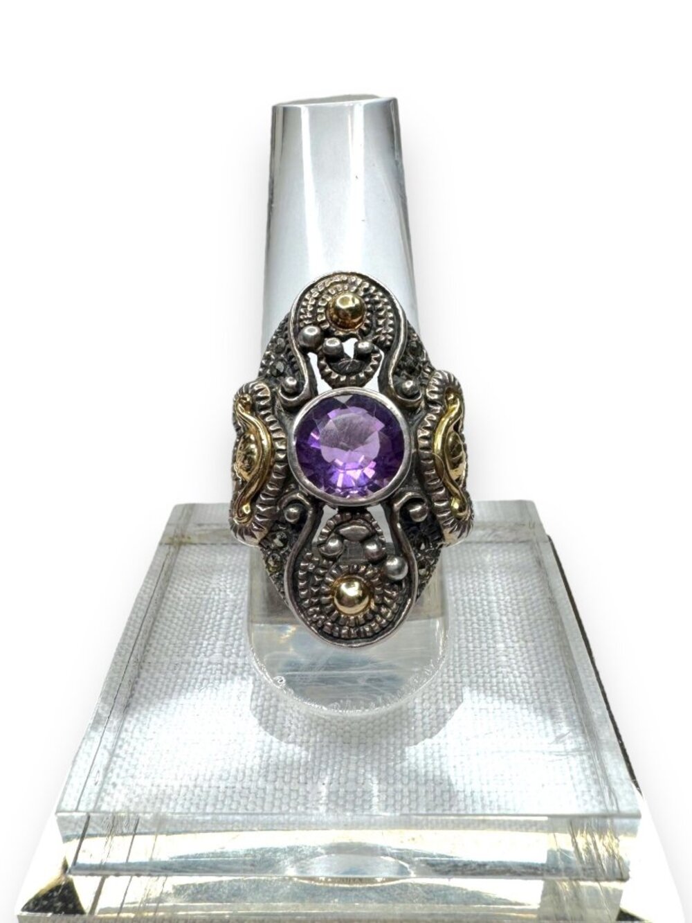 Sterling Silver 14K Gold Overlay Amethyst Marcasite Ring Size 6 Vintage
